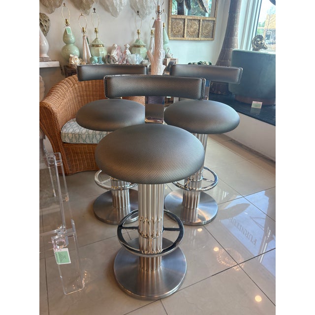 Design for Leisure LTD Set of 3 Bar Stools Fluted Chrome Steel Swivel For Sale - Image 11 of 12