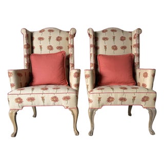 Vintage Hollywood Regency Style Floral Upholstered Wingback Lounge Chairs – A Pair For Sale