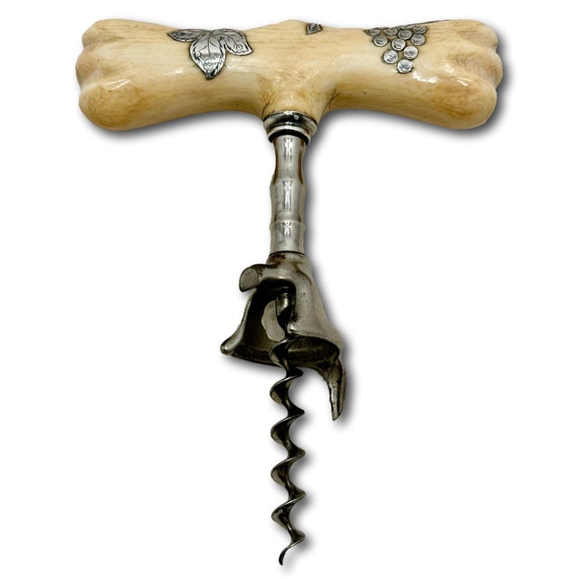 Fine & Unusual Antique American Victorian Sterling Silver Inlayon Bone Wine Corkscrew - Circa 1900 For Sale - Image 4 of 18