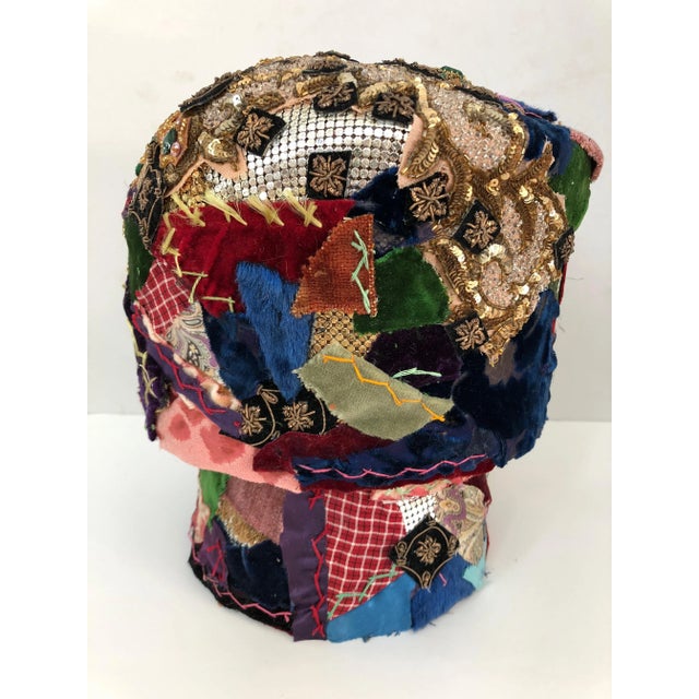Early 21st Century Mixed-Media Crazy Quilt and Gold Lame Head Sculpture For Sale - Image 5 of 10