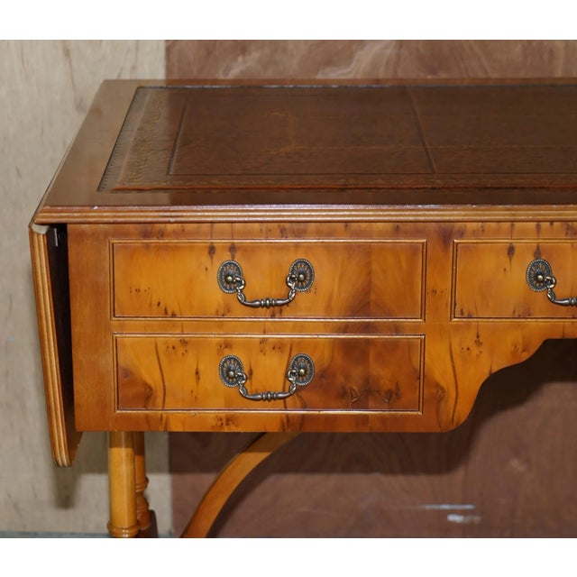 Brown Leather & Burr Yew Wood Extending Writing Desk For Sale - Image 11 of 18