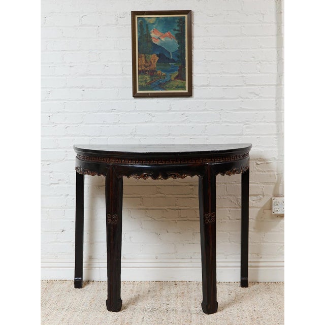 Chinese Antique Chinese Black Lacquer Demi-Lune Console Table For Sale - Image 3 of 9