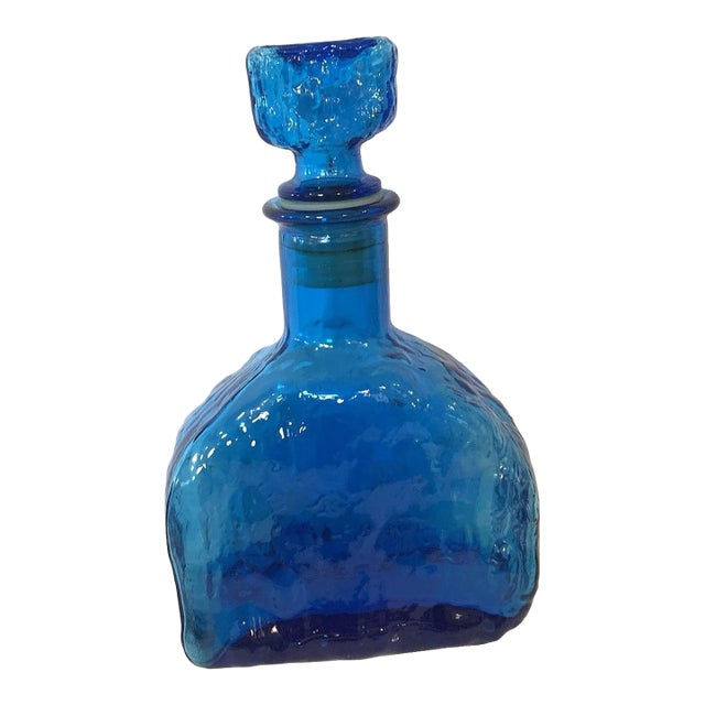 1960s Empoli Cadmium Blue Art Glass Bottle W/Stopper Textured Italian Decanter For Sale
