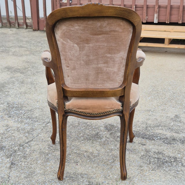 1980s Chateau d'Ax Louis XV Carved Walnut & Cocoa Velvet Open Arm Fauteuil Accent Chair For Sale In Washington DC - Image 6 of 8