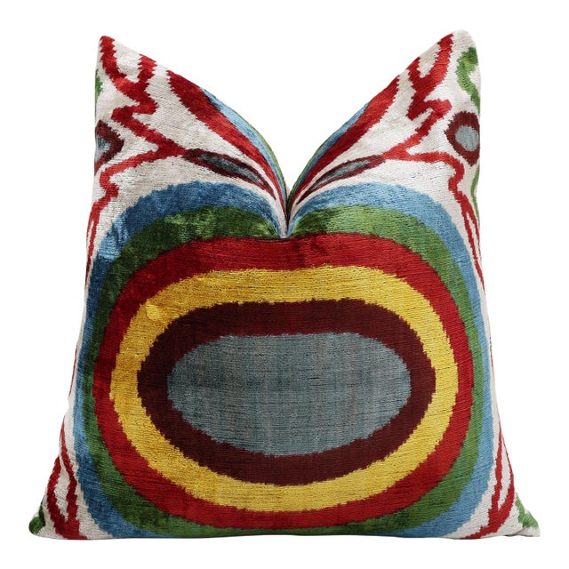 Handmade Silk Velvet Pillow 20x20 – Multicolor Ikat Circle Designer Cushion For Sale