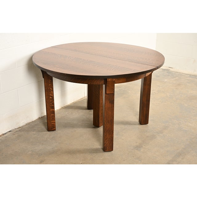 Mission Limbert Antique Mission Oak Arts & Crafts Five-Leg Extension Dining Table, Newly Refinished For Sale - Image 3 of 11