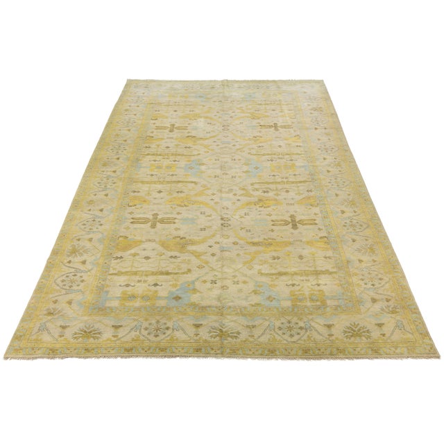 2020s 11x21 Modern Oushak Style Wool Rug in Soft Cream, Ochre Gold & Soft Blue For Sale - Image 5 of 12