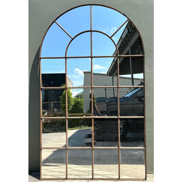 Brown Vintage Monumental Arched Wrought Iron Mirror With Patinated Mullion Detail For Sale - Image 8 of 12