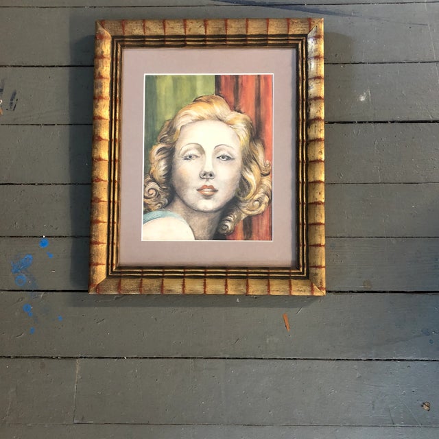 Vintage Original Female Portrait Watercolor Painting For Sale - Image 4 of 4