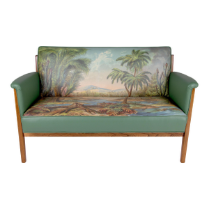 Mid-Century Loveseat Featuring Custom Cretaceous Dinosaur Upholstery