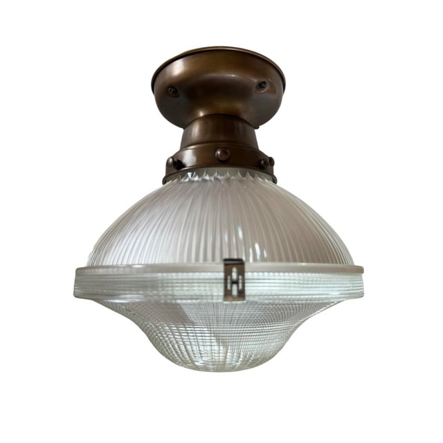 Bronze Mid 20th Century Rare Holophane Flushmount Light Fixture For Sale - Image 8 of 11