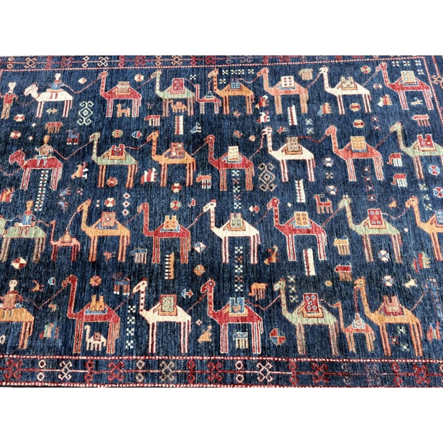 Textile Navy Blue Hand Knotted Camel Caravan Pictorial Tribal Rug, 04'11 X 06'11 For Sale - Image 7 of 10