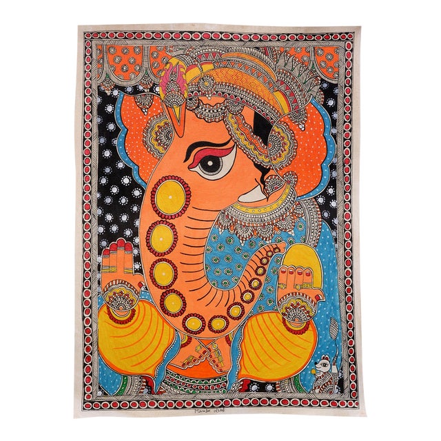 Mamta Devi (2016 National Award Winner) Hand-Painted Madhubani Painting of Lord Ganesha For Sale