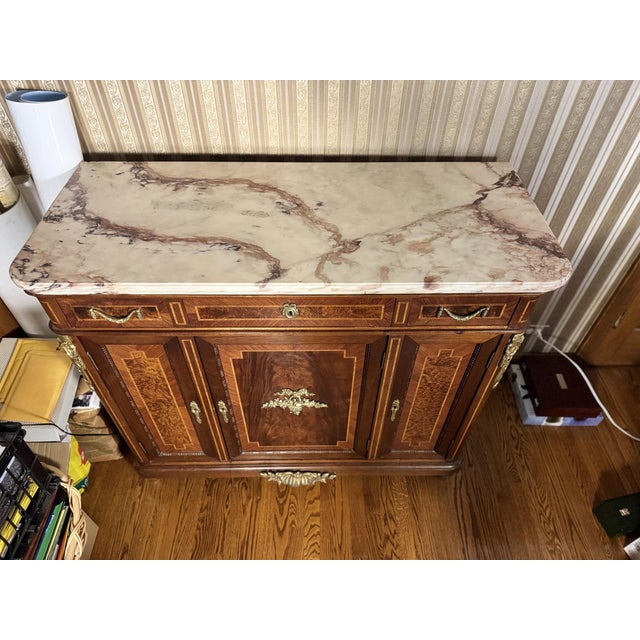 Mid 20th Century Mid 20th Century Louis XVI Style Mahogany & Burl Side Cabinet With Marble Top For Sale - Image 5 of 5