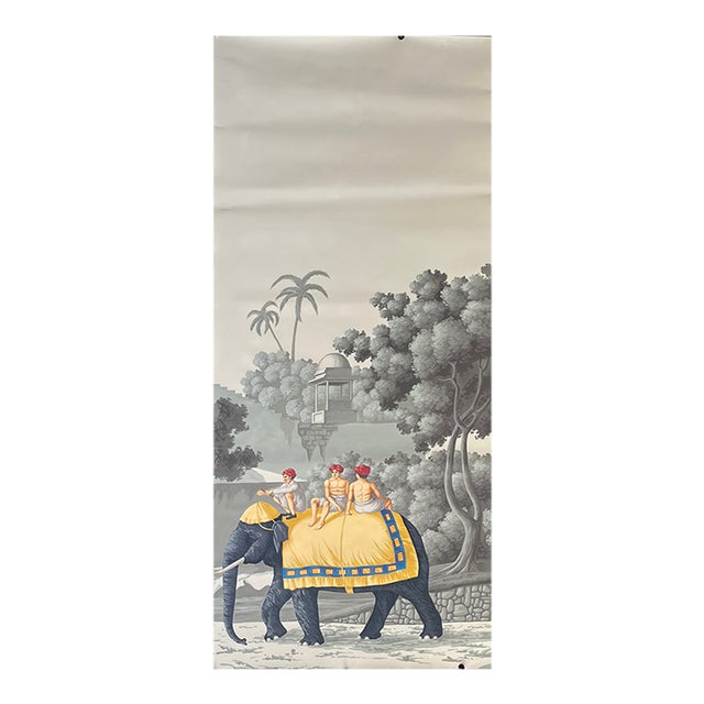 Hand-Painted Chinoiserie Elephant Procession Wallpaper Panel, Scenic Antique Style Wall Mural, 36x96" For Sale