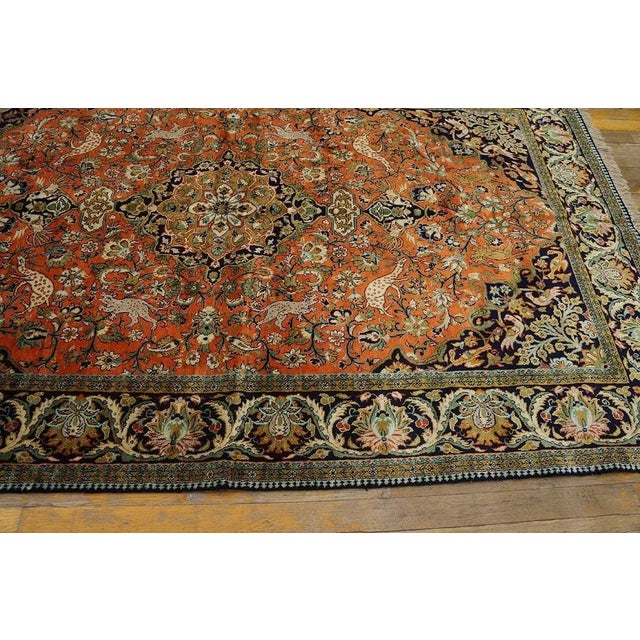 1940s Orange Apricot Medallion Floral Antique Isfahan Knotted Qum Silk Rug For Sale - Image 4 of 6