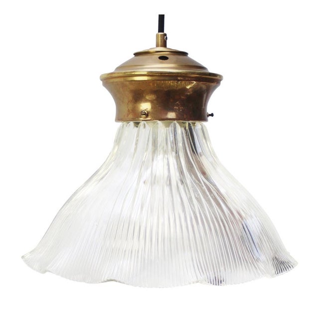 Gold Vintage Industrial Glass and Brass Pendant Light from Holophane For Sale - Image 8 of 8