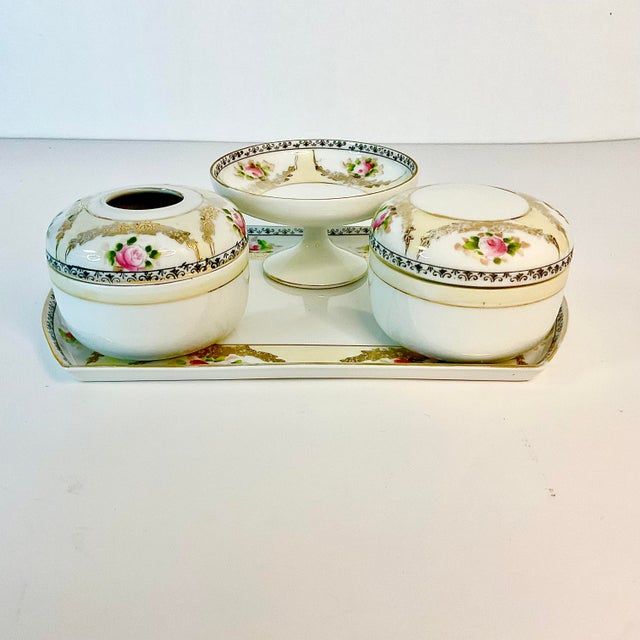 This is a lovely Antique Porcelain Dresser Set with Tray. It's in the Art Nouveau style with swags and pink floral...
