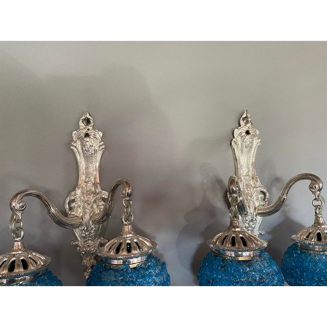 French 1990s French Louis XVI Silver Bronze Blue Crystal Wall Lamps / Sconces – Pair For Sale - Image 3 of 13