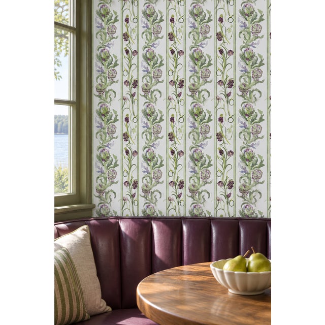 This custom wallpaper design is a fresh take on classic botanical stripes. Our artichoke-inspired watercolor botanical...