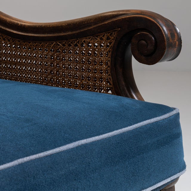 Pair of Early 20th Century British Navy Blue Edwardian Velvet Upholstered Armchairs with Cane Panels For Sale - Image 15 of 15