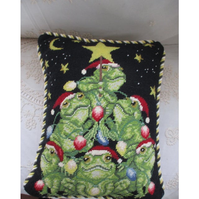 This is a Beautiful Vintage Christmas Needlepoint Throe Pillow with a Ornate Frog Design with Wonderful Little Frogs...