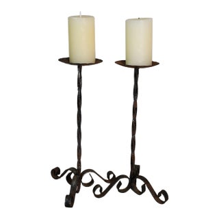 Pair of Vintage Twisted Iron Candlesticks For Sale