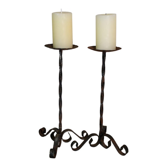 Pair of Vintage Twisted Iron Candlesticks For Sale