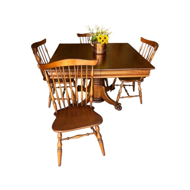 1930s Tiger Oak/Quarter Sawn Table With Color Matched Ethan Allen (Nutmeg) Hard Rock Maple Fiddleback Chairs - All High End Handcrafted Furnitire For Sale In Houston - Image 6 of 10