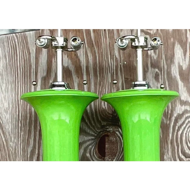 Vintage Regency Apple Green Glazed Ceramic Lamps - a Pair For Sale - Image 9 of 12
