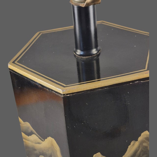 Vintage Asian Black Lacquer Hexagonal Figural Chinoiserie Table Lamp For Sale - Image 11 of 12