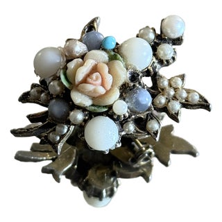1950s Floral Lucite Rose Brooch With Faux Pearls and Pastel Bead Accents For Sale