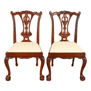Baker Furniture Style Chippendale Carved Mahogany Side Chairs or Dining Chairs, Pair For Sale