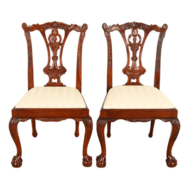 Baker Furniture Style Chippendale Carved Mahogany Side Chairs or Dining Chairs, Pair For Sale