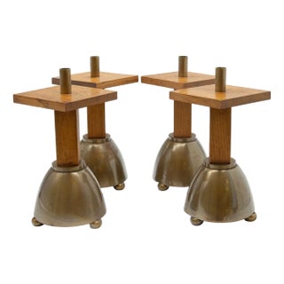 Brutalist Oak & Brass Candleholders, Set of 4 For Sale