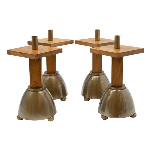 Brutalist Oak & Brass Candleholders, Set of 4 For Sale