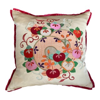 Vintage Embroidered Floral Berry Throw Pillow Cover For Sale