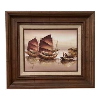 Vintage Painting of Mixed Media Chinese Junk Boats by Paul Wong Framed For Sale