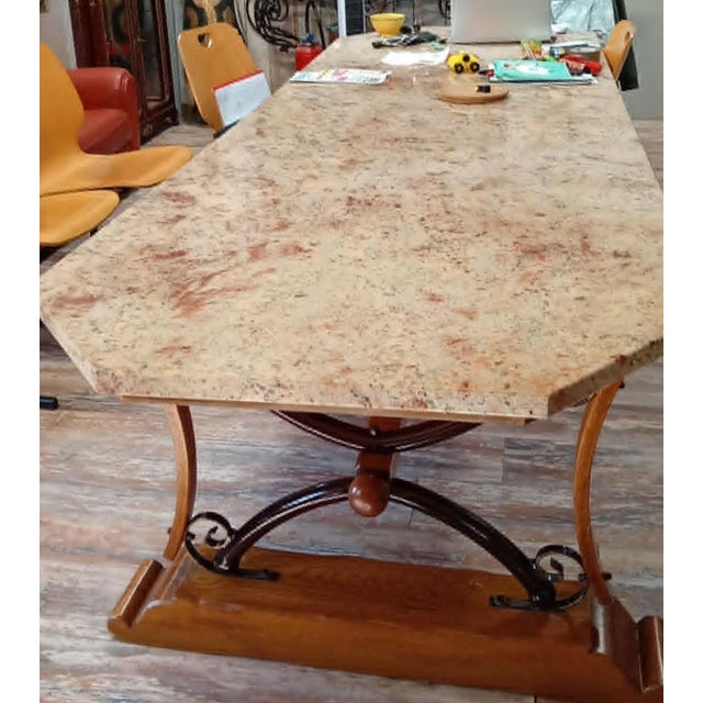 Large Granite Dining Table on an Oak and Wrought Iron Base, 1950s For Sale - Image 3 of 7