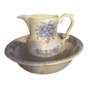 Late 19th Century Staffordshire England Empress Ironstone Forget-Me-Not Design Small Pitcher & Wash Basin