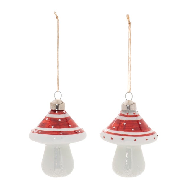 Add a whimsical touch to your holiday decor with this set of Glittered Glass Mushroom Ornaments. Featuring festive red and...