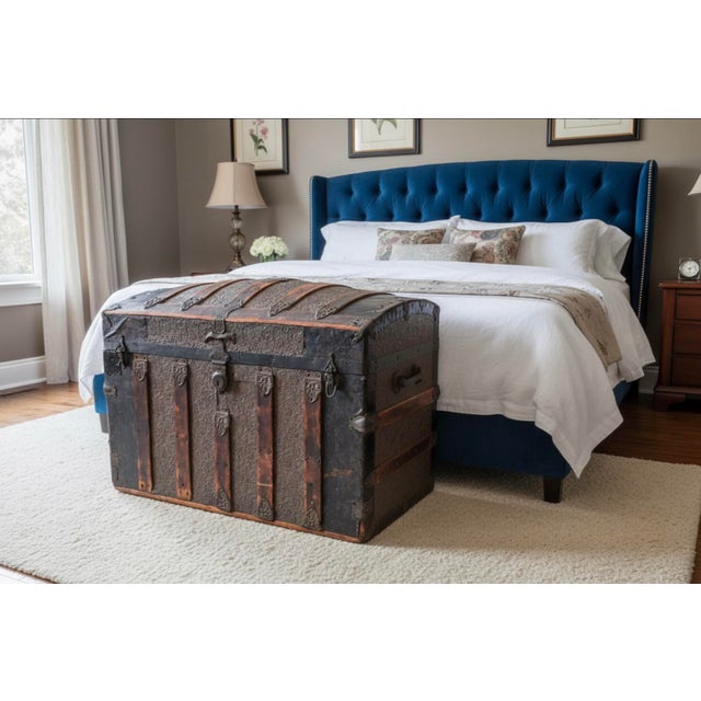 Monumental Victorian Dome Top Steamer Trunk With Rare Floral Embossed Tin and Pony Express Wichita Kansas Label For Sale - Image 13 of 13