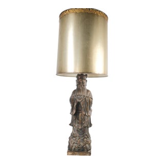 Vintage James Mont Style Confucius Figural Table Lamp | Hollywood Regency Asian Sculpture 40” For Sale