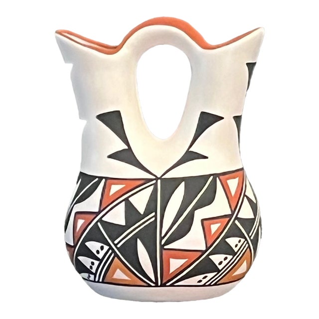 Late 20th Century Acoma Pueblo Fine Art Wedding Vase - Hand-Painted Polychrome Pottery 8"x 6" For Sale