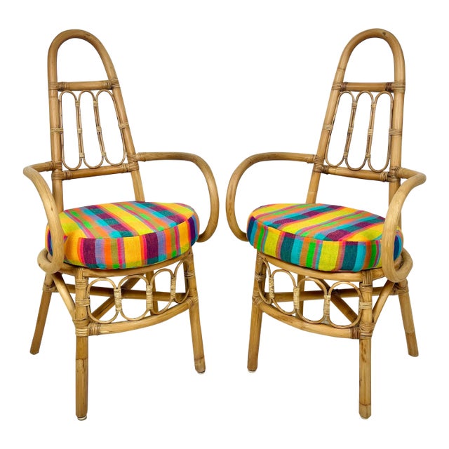 Vintage Tall Back Rattan Arm Chairs- A Pair For Sale