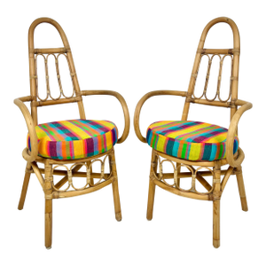 Vintage Tall Back Rattan Arm Chairs- A Pair