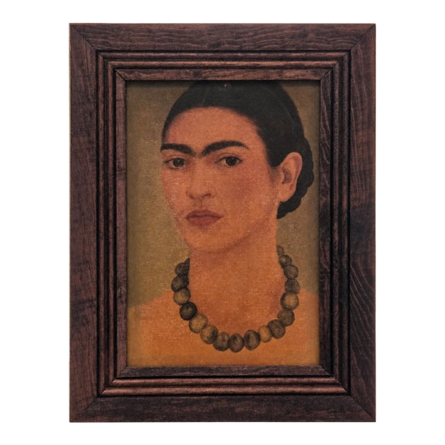 Mid-Century Turista Mexican Folk Art: Frida Kahlo "Self-Portrait With Necklace" (1933) Lithograph on Canvas - Rustic Pine Frame For Sale