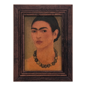 Mid-Century Turista Mexican Folk Art: Frida Kahlo "Self-Portrait With Necklace" (1933) Lithograph on Canvas - Rustic Pine Frame