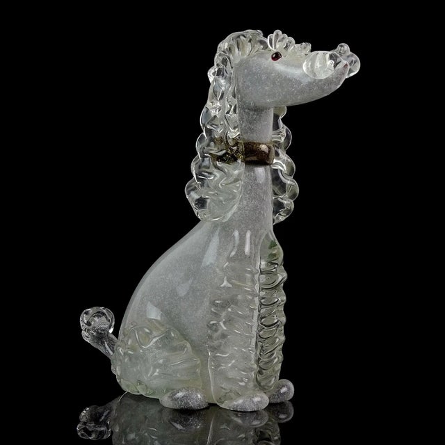 Beautiful and rare, vintage Murano hand blown Pulegoso bubbles, gray, black and gold flecks Italian art glass poodle puppy...