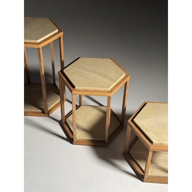 Set of 3 hexagonal side tables designed by fournier décoration paris for roche bobois. Frame made of solid oak. Each with...